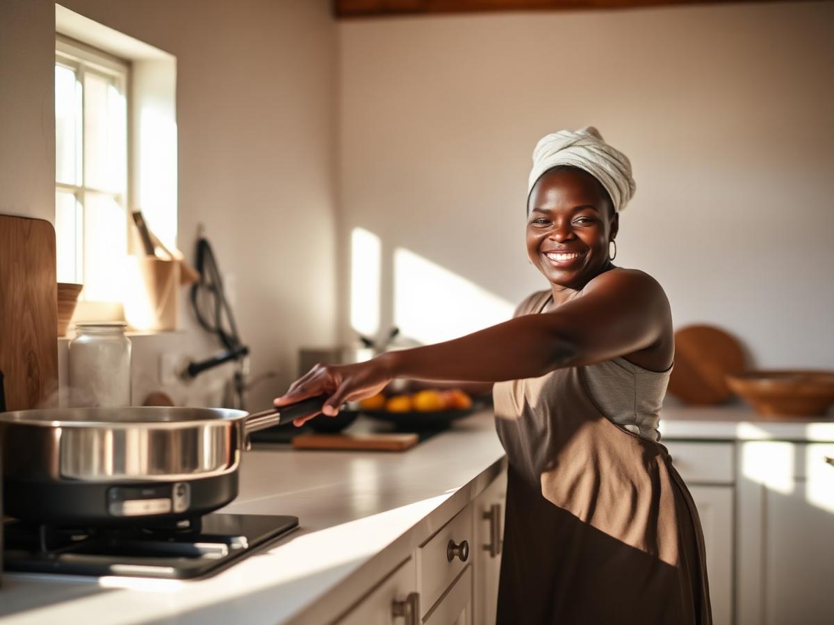 A woman cooking on a clean, smokeless stove in a bright kitchen